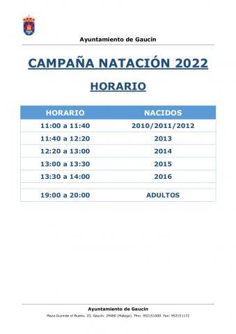 CAMPAÑA DE NATACIÓN 2022. HORARIOS