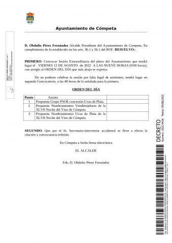 CONVOCATORIA DE PLENO DEL AYUNTAMIENTO.  VIERNES, 12 DE AGOSTO