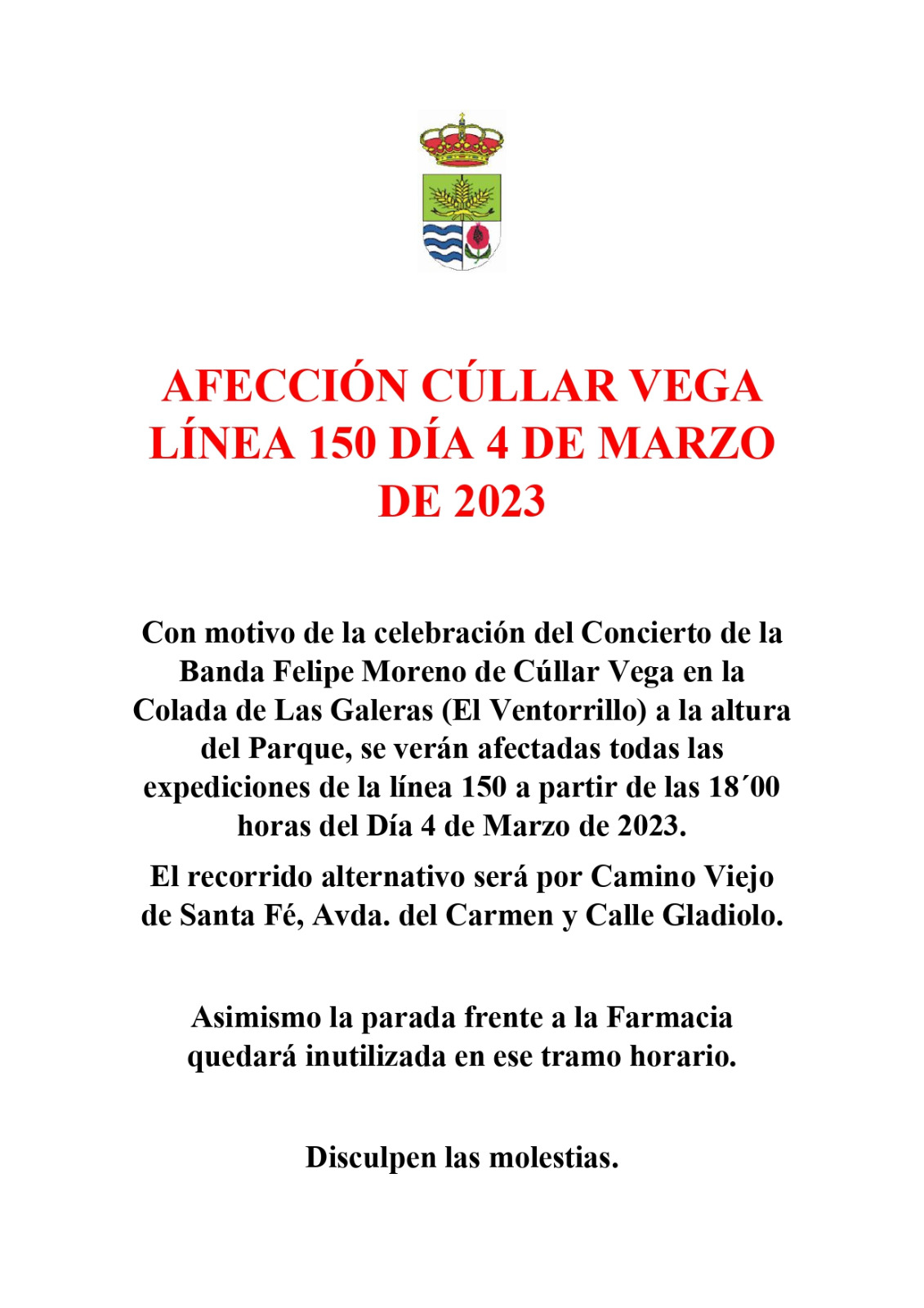 Afección Línea 150 el sábado 4 de marzo de 2023