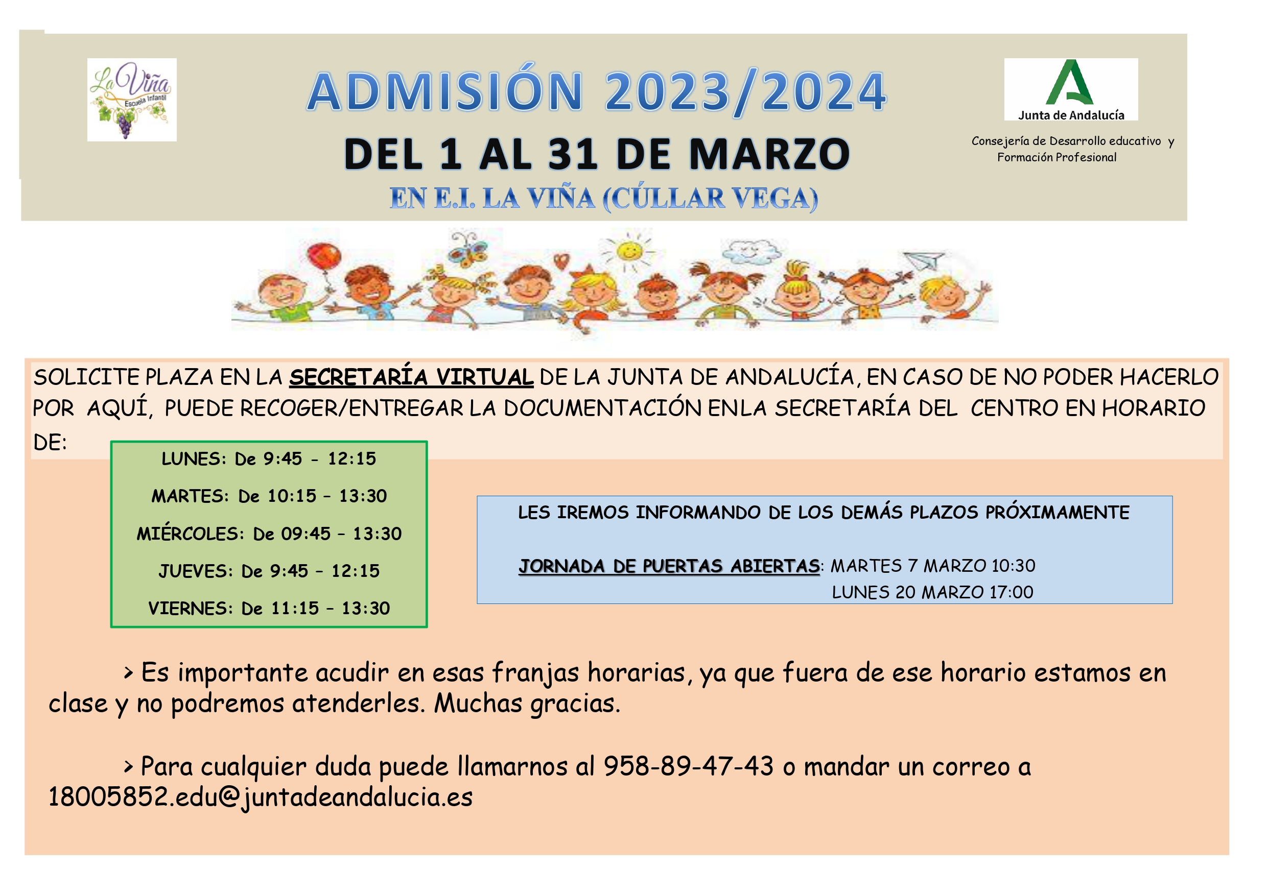 Del 1 al 31 de marzo plazo de admisión en la Escuela Infantil La Viña para el curso 2023-2024