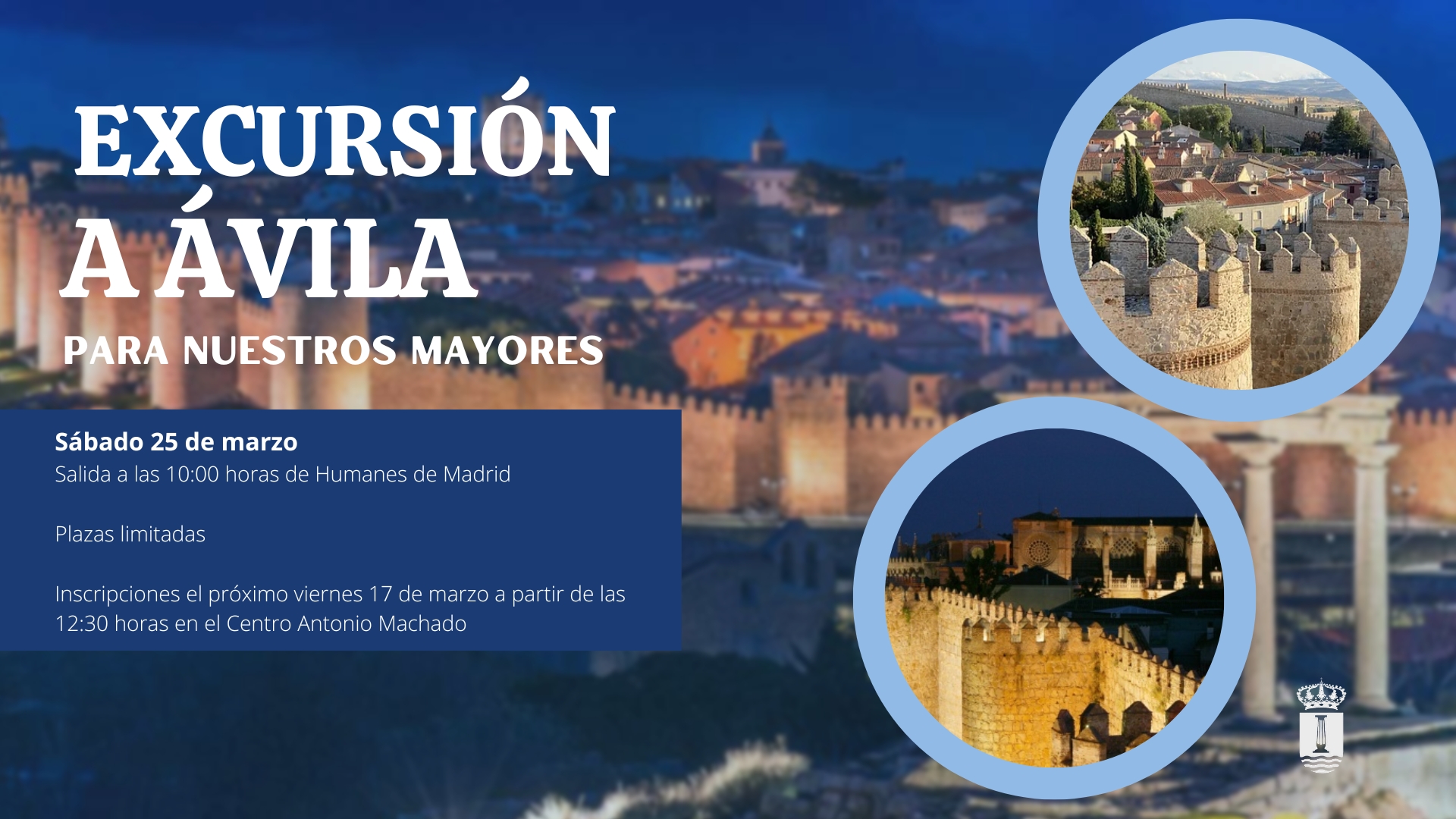 Excursión para nuestros mayores a Ávila el próximo sábado 25 de marzo.