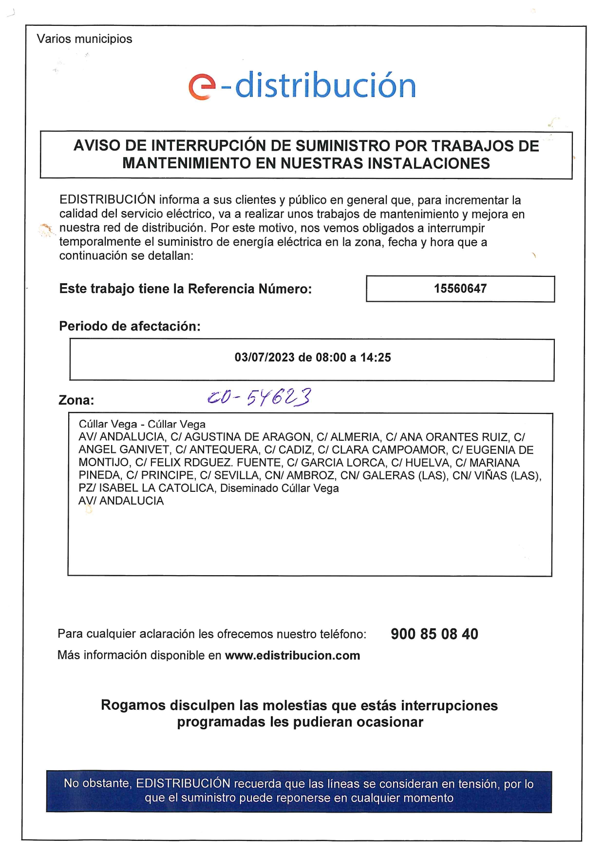 Aviso de interrupción de suministro eléctrico por mantenimiento el 3 de julio