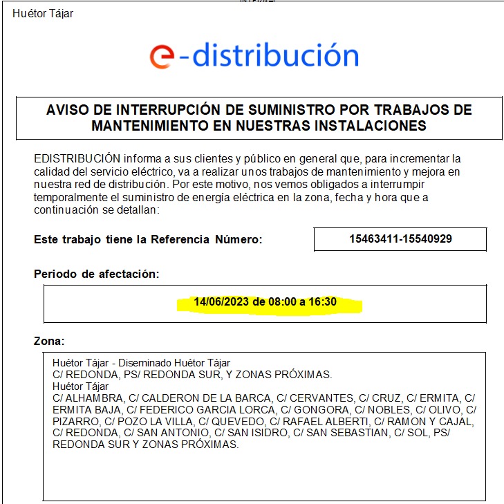  CORTE SUMINISTRO ELECTRICO EL 14/06/2023
