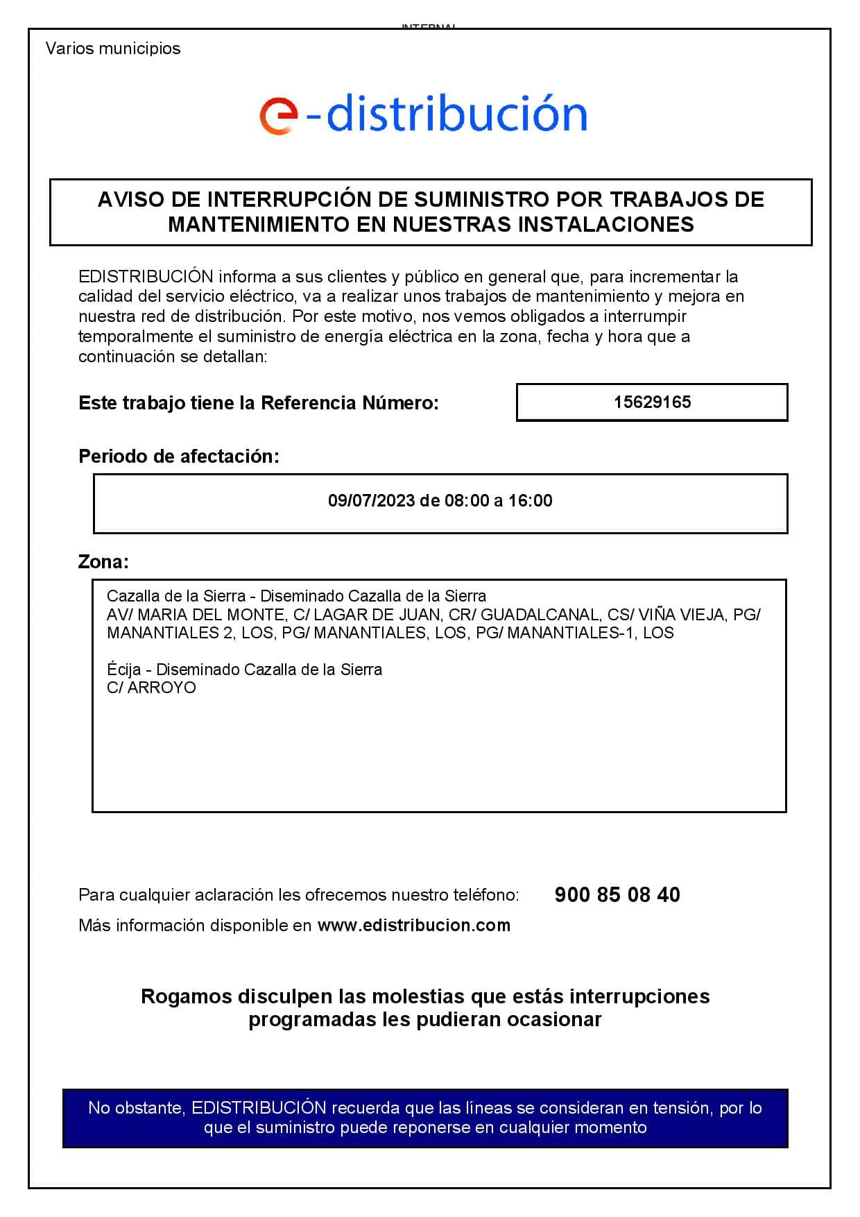 INFORMACIÓN DE INTERÉS. AVISO INTERRUPCIÓN DE SUMINISTRO POR TRABAJOS DE MANTENIMIENTO.