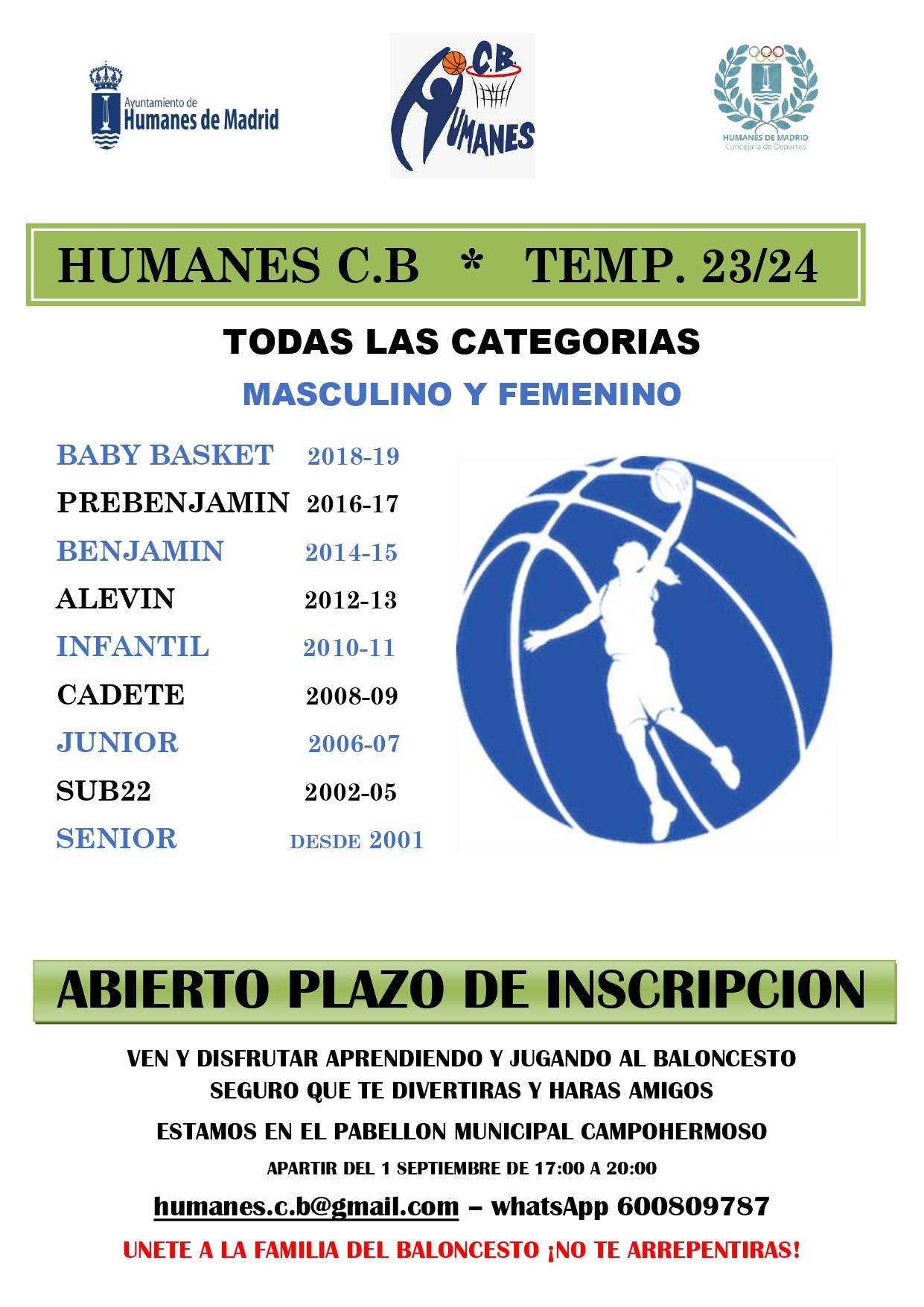 Abierto el plazo de inscripción en el Humanes Club Basket para la temporada 2023-24