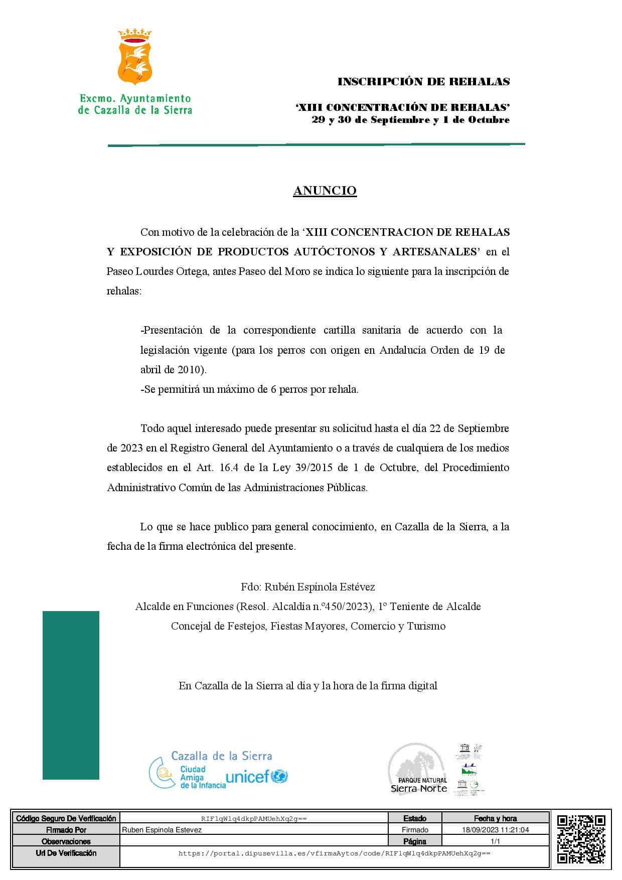 Información sobre inscripción de rehalas para la XIII Concentración de Rehalas de Cazalla de la Sierra.
