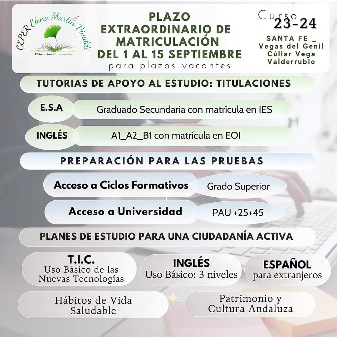 Plazo extraordinario de matriculación en el Centro de Educación Permanente Elena Martín Vivaldi (Escuela de Adultos) curso 2023-2024
