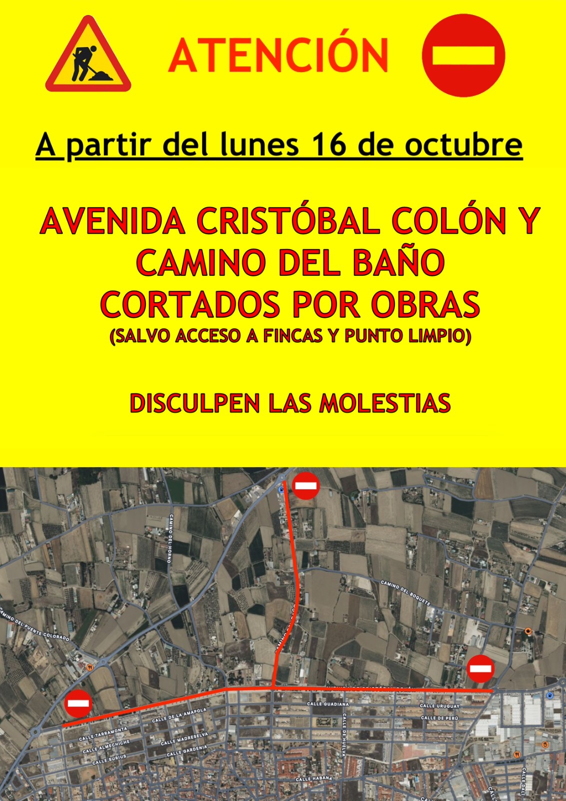 Corte por obras en la Avd Cristóbal Colón "Vial" y Camino del Baño de Churriana de la Vega